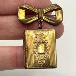Vintage book locket bow brooch pin